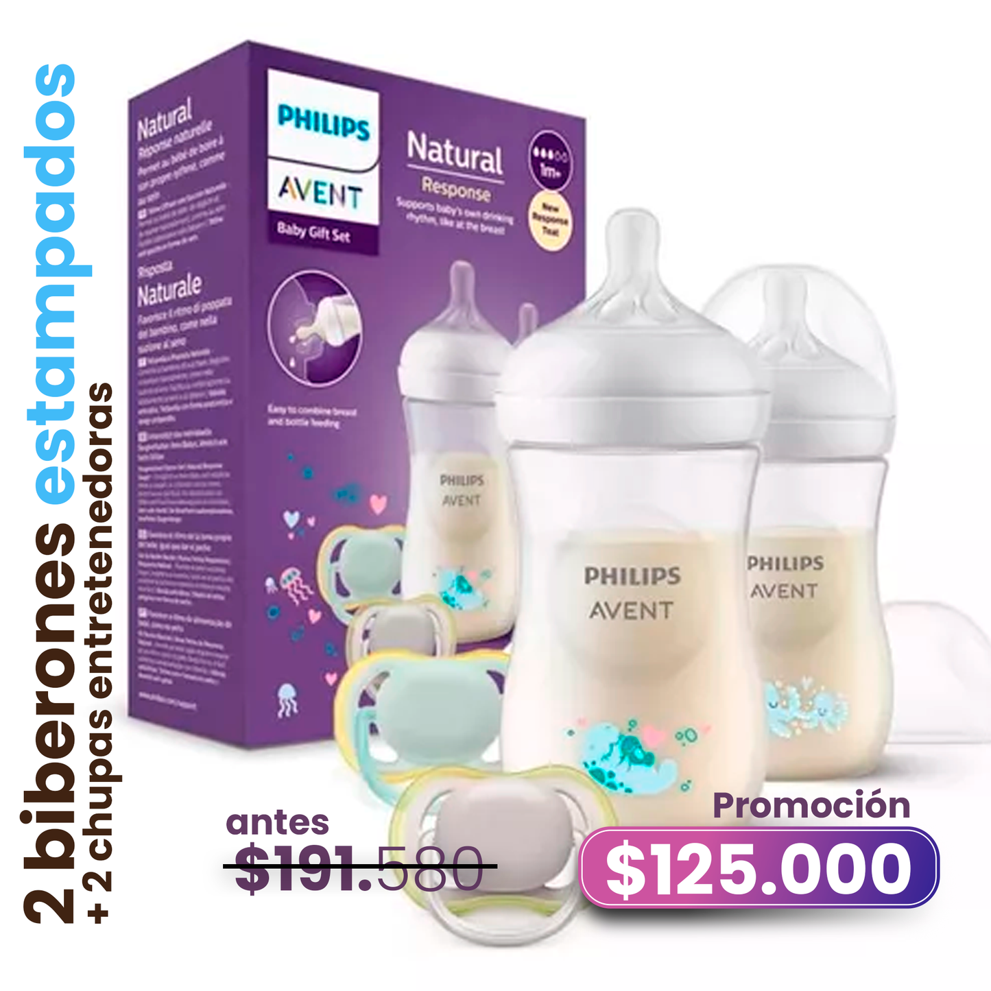 Set de Teteros Philips Avent 2 biberones + 2 chupas entretenedoras