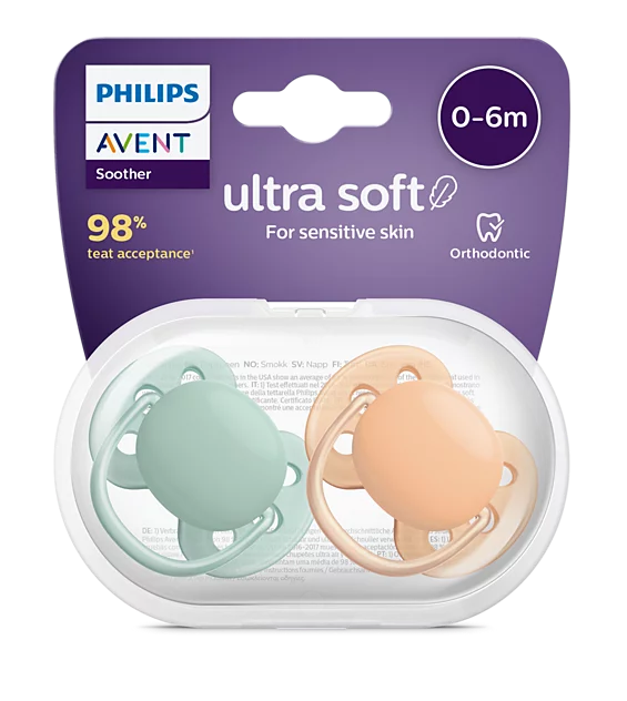 Chupa Entretenedora Avent ultra soft (0-6M) – Verde Menta y Durazno