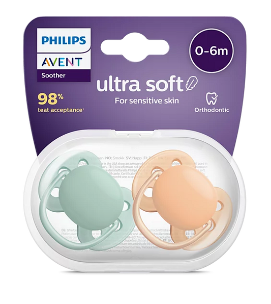 Chupa Entretenedora Avent ultra soft (0-6M) – Verde Menta y Durazno