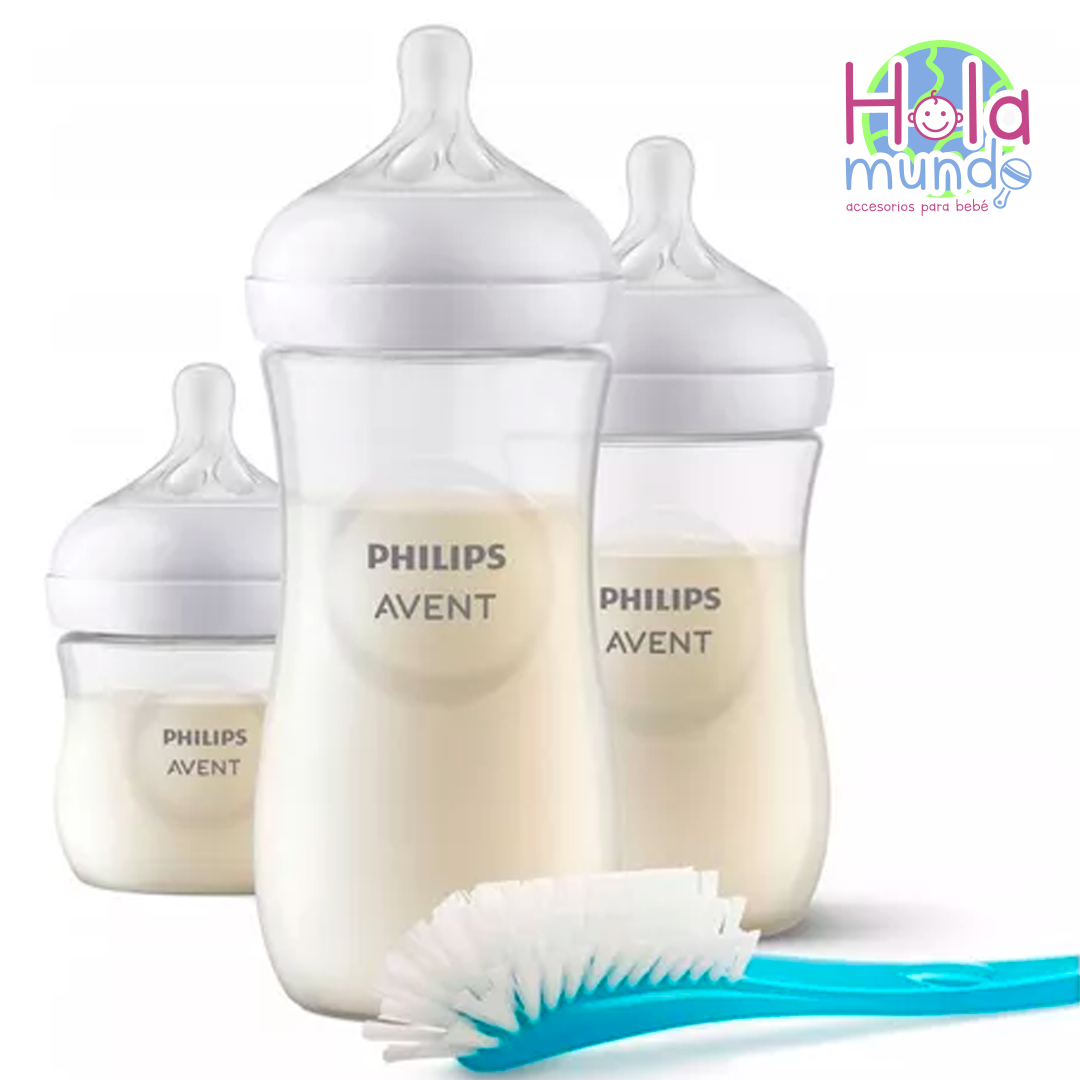 Set Recién nacido 3 Teteros Philips Avent Natural 11 ONZ- 9 ONZ- 4ONZ + Cepillo Limpiador