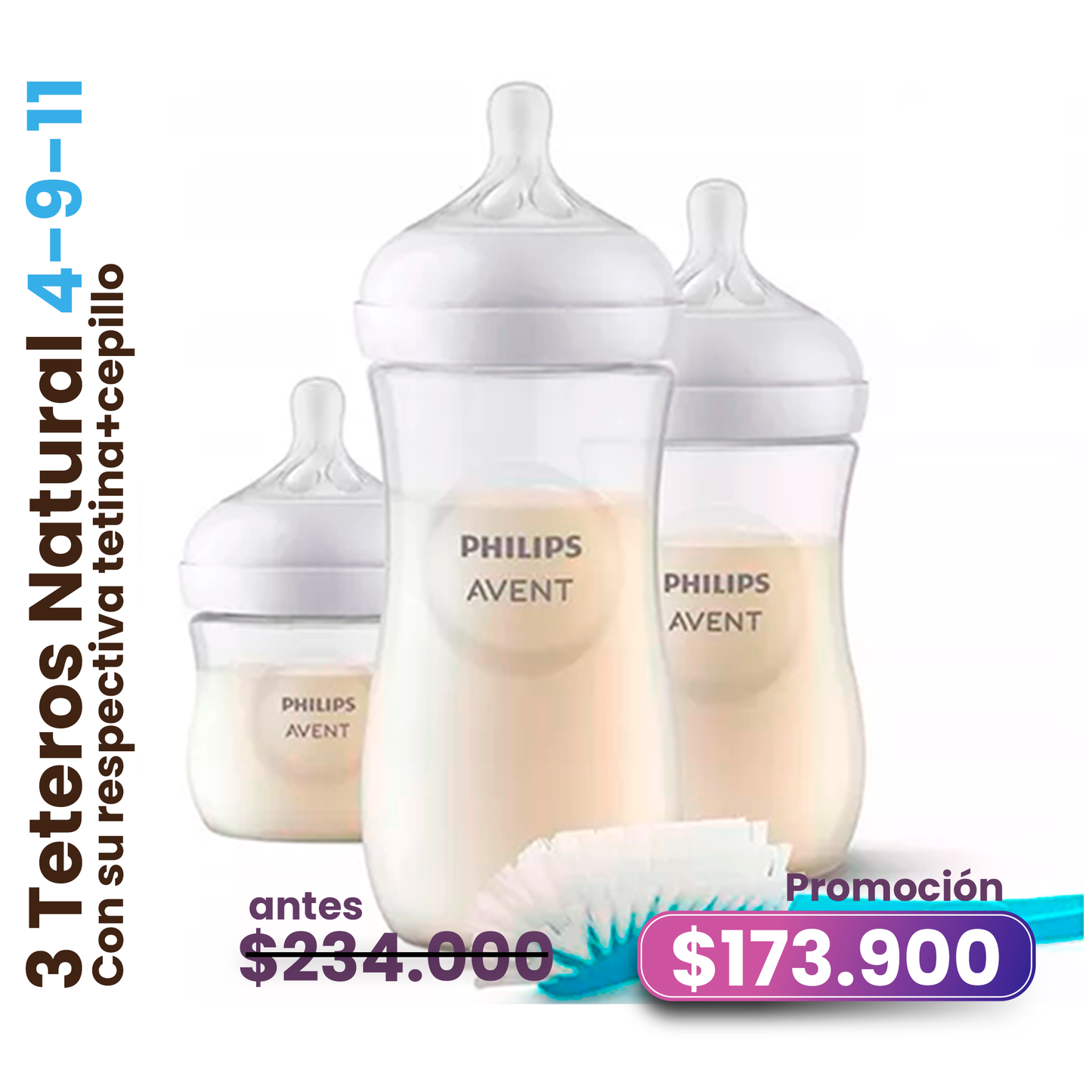 Set Recién nacido 3 Teteros Philips Avent Natural 11 ONZ- 9 ONZ- 4ONZ + Cepillo Limpiador