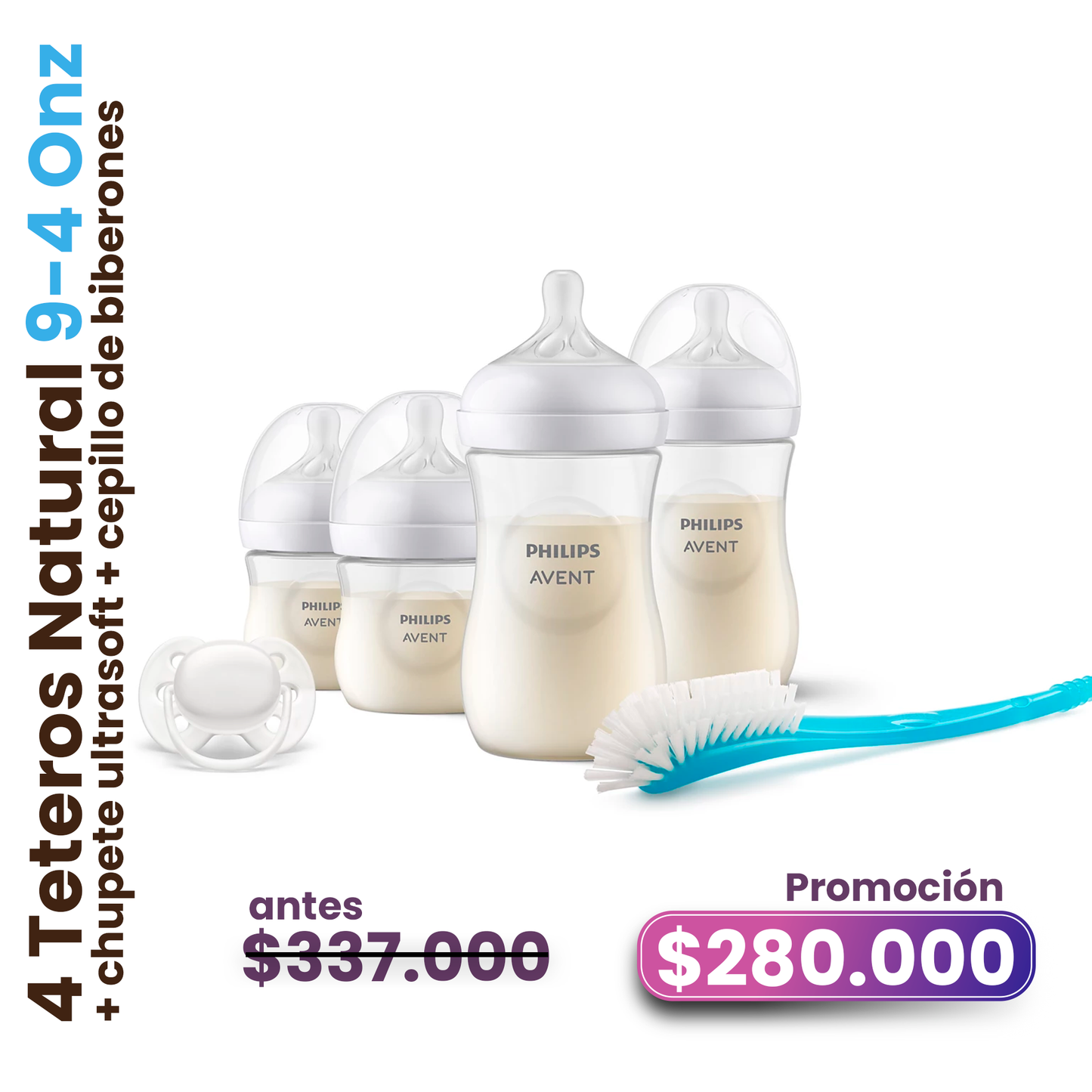 Set Recién nacido 4 Teteros Philips Avent Natural 2 - 9 ONZ y 2 - 4ONZ + Chupete + Cepillo Limpiador