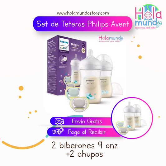 Set de Teteros Philips Avent 2 biberones + 2 chupas entretenedoras