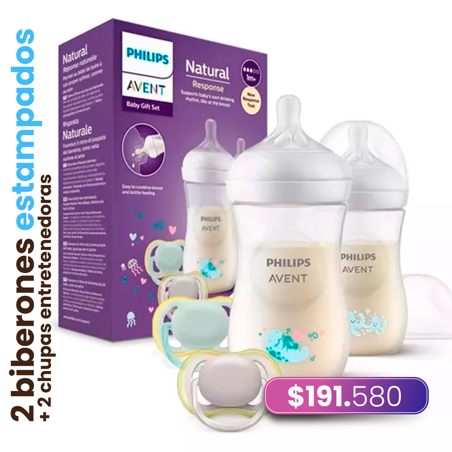 Set de Teteros Philips Avent 2 biberones + 2 chupas entretenedoras